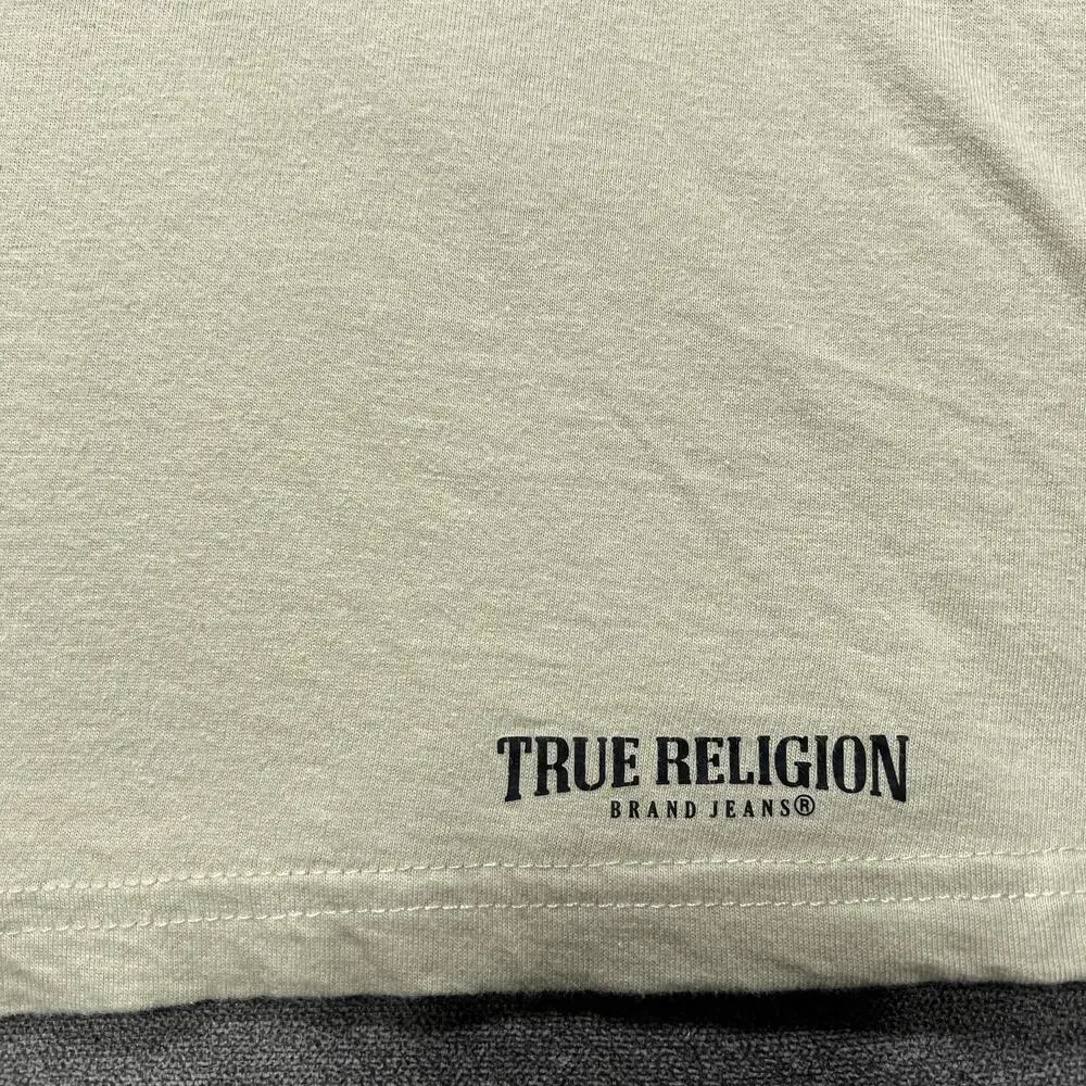 True Religion Brand Jeans Shirt Mens Extra Large Beige V-Neck Short Sleeve Logo
